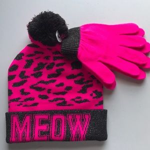 Girl’s Animal Print Knit Beanie Cap & Gloves Set